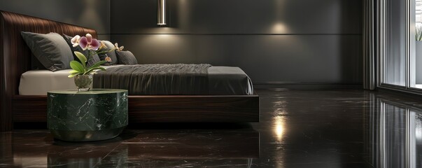 A modern bedroom with a mahogany bed set against charcoal grey walls, illuminated by soft recessed lighting