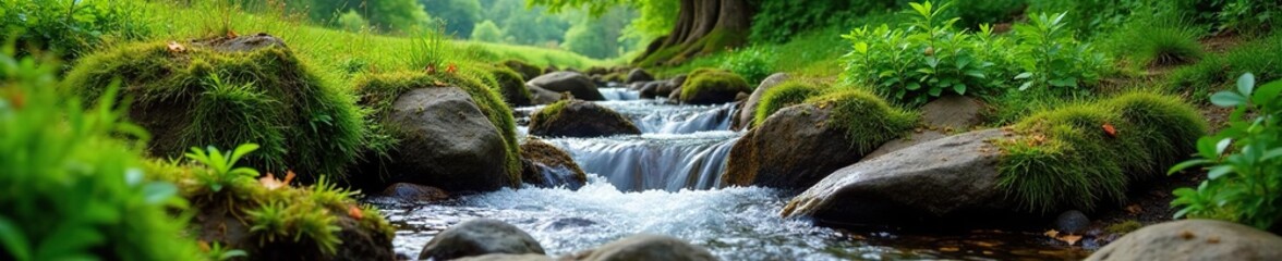 Fototapeta premium Stream flowing over mossy stones in highland meadow, meadow, stones, greenery