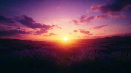 Obraz premium Spring sunset casting vibrant colors over a lavender field