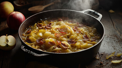 A rustic Dutch oven of braised cabbage, caramelized apples, crispy bacon, and soft onions, in moody lighting with steam and scattered ingredients on a dark background.
