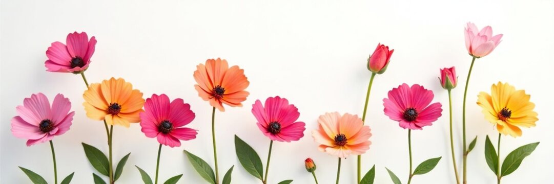 Sparsa colorful flowers on white background, soft focus, gentle colors, abstract, delicate, nature