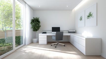 Modern white home office with garden view, sunlight, minimalist design