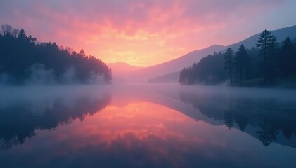 Obraz premium Foggy mist rises above calm lake water, casting an eerie atmosphere, twilight, lake, atmospheric