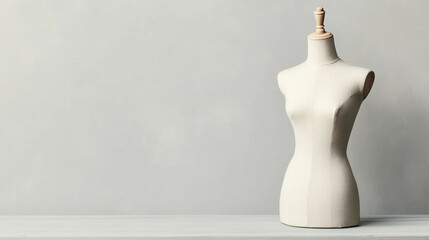 Minimalistic gray sewing mannequin for clothing display on neutral background with copy space
