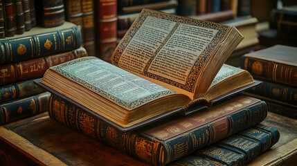 Obraz premium Antique book open on stack of books in bookstore