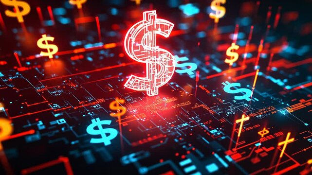 Digital currency marketplace showcasing vibrant dollar signs over a complex network of data and technology