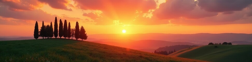 Fototapeta premium Morning sun rises behind cypress trees in Florence sky, SunRise, Tuscan Countryside, ItalianSkyline