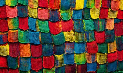 Colorful textile squares hanging, vibrant texture, art background, craft
