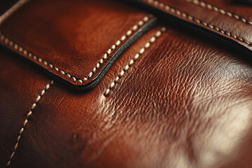 Close-up view shows meticulous leather stitching on a luxury handbag illuminated by soft lighting