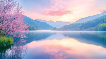 Breathtaking sunrise over spring mountains with calm river and blooming trees