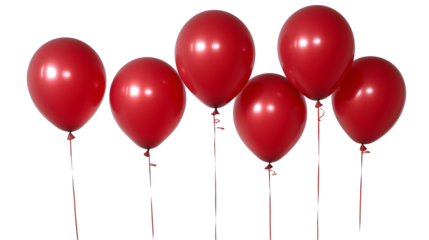 Five Red Balloons Festive Party Decor, Shiny Latex Balloons for Happy Events, isolated on transparent background.