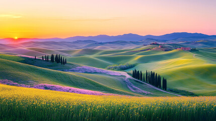 Fototapeta premium Picturesque countryside at sunset with rolling fields of colorful blossoms and tranquility