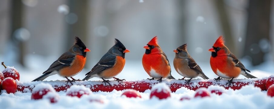 Grupo de jilgueros negros posados sobre una rama con frutas rojas en un bosque de abedules cubiertos de nieve, jilguero, frutas, aves