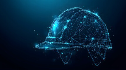 Futuristic glowing safety helmet made of low polygonal lines and points on a dark blue background....