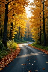 Obraz premium Road winding through golden forest with changing leaves, forest, greenery