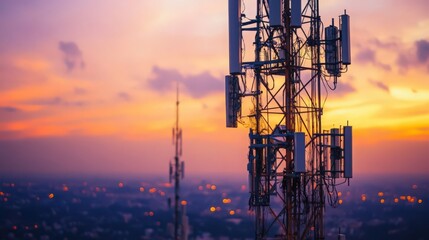 Telecommunication towers at sunset provide connection across city skyline