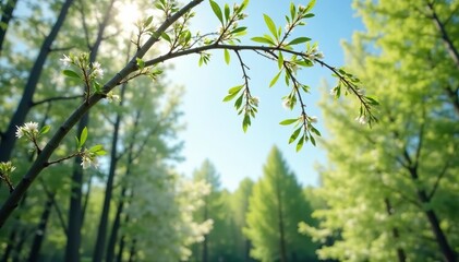 Obraz premium Delicate branches of white willow stretching towards the sky, forest, white willow salix alba catkins, nature