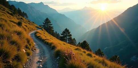 Soft morning light on a winding mountain trail, path, winding