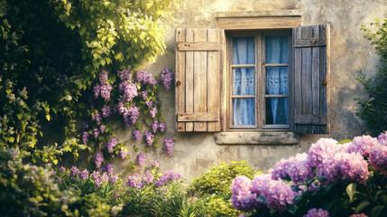 Rustic house with weathered shutters in a vibrant spring garden filled with lilacs and peonies