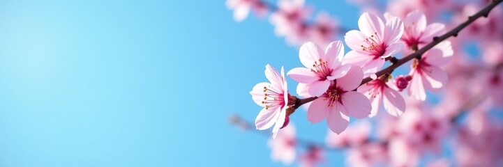 Fototapeta premium Soft pink cherry blossom branch against a clear blue sky, tree, blooming, floral