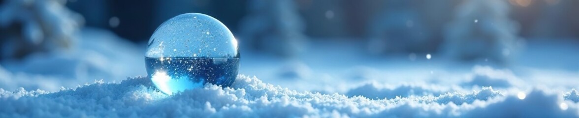 Sparkling blue snowball falls gently on frosty ground, holiday, snow globe, crystal clear