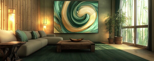 A photorealistic airy living room featuring modern decor and a large abstract painting with swirling shades of emerald and gold