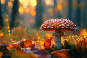 Colorful red mushroom stands amidst autumn leaves in a forest at sunset