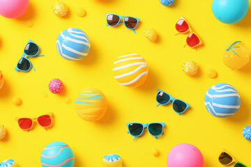 Fototapeta premium Colorful beach balls and sunglasses create a vibrant summer pattern on a cheerful yellow background