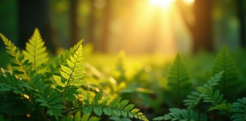 Soft golden light filtering through dense ferns, gentle glow, serene atmosphere, natural light