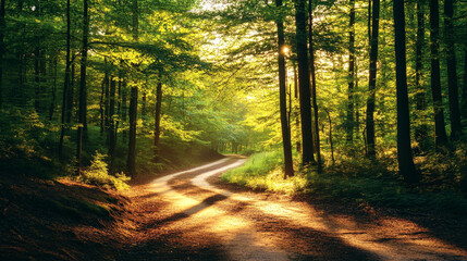 Naklejka premium Winding river through a serene early spring forest with golden sunlight filtering through branches