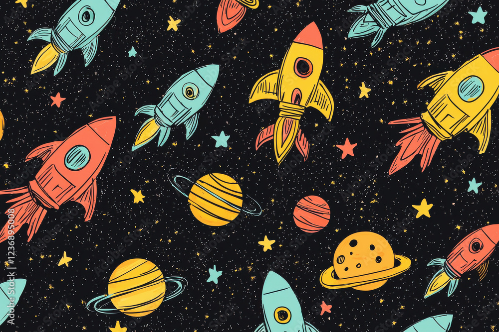 Poster colorful hand-drawn rockets and planets create a playful space pattern on a dark starry background a
