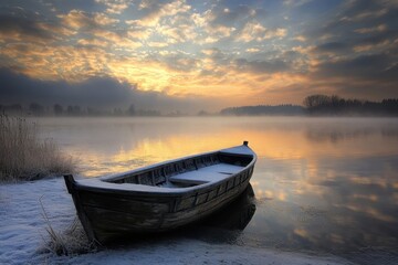 Naklejka premium Serene winter morning at a tranquil lake with a wooden boat on the water