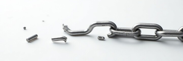 Obraz premium Chain fragment on white surface with slight curvature, isolated, broken, metal piece