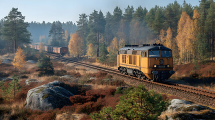 Autumn train journey through forest, misty morning