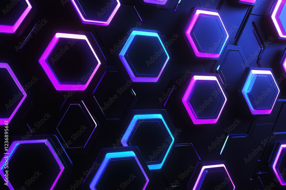 Poster futuristic glowing neon hexagons in gradient purple and blue tones on a sleek black background creat