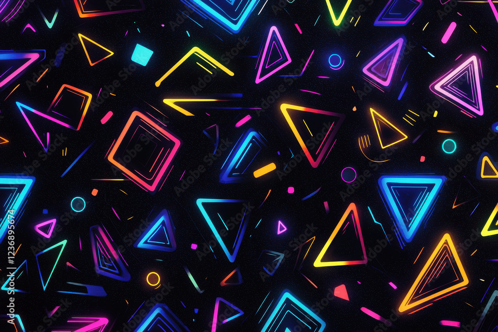 Poster futuristic pattern of vibrant neon shapes designed with triangles and hexagons glowing against a dar