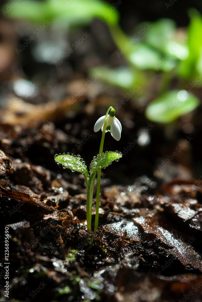 Poster a close-up shot of a snowdrop flower with dew drops on its leaves, symbolizing the first signs of sp