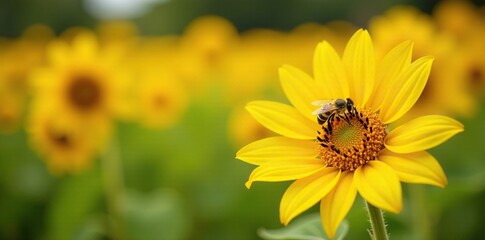 Obraz premium Bee collecting nectar from a field of sunflowers with bright yellow petals, sunflowers, garden