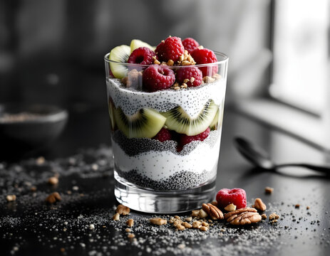 Chia seeds soaked in almond milk with honey, layered with raspberries, kiwi slices, and crushed pecans on top.