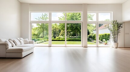 Fototapeta premium Modern Living Room with Large Windows and Garden View White Sofa Sunny Day