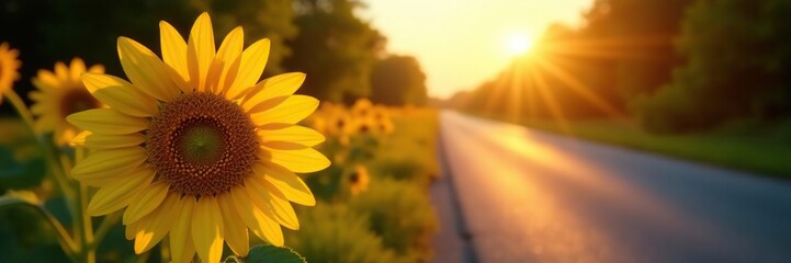 Obraz premium Roadside flower blooms with golden hour light, asphalt, sunflower
