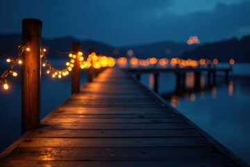 Obraz premium Navy blue and gold Christmas lights strung along a wooden dock, festive, christmas, nautical