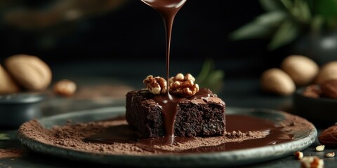 Obraz premium Decadent chocolate brownie drizzled with rich chocolate sauce, garnished with walnuts, perfect for dessert menus and food photography.