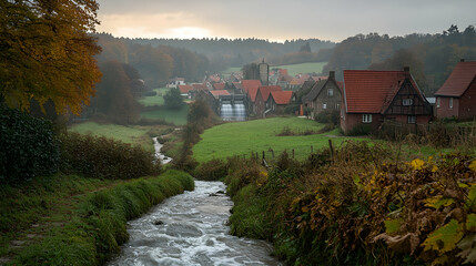 Autumnal village stream, misty hills, red roofs, peaceful scene, travel postcard