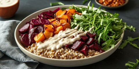 Colorful and nutritious bowl featuring roasted vegetables, grains, and greens, ideal for health-focused culinary content and food blogs.