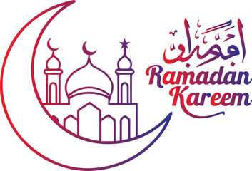 Ramadan Kareem Gradient Line Art - Crescent Moon and Mosque Illustration.