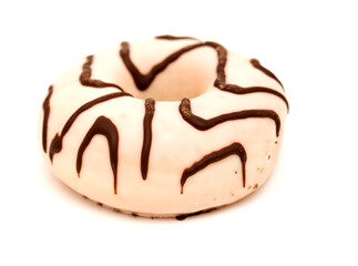 White chocolate glazed ring doughnut with zebra pattern isolated on White background 
