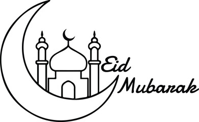 Minimalist Eid Mubarak Line Art - Crescent Moon and Mosque Illustration in Black and White