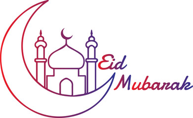 Minimalist Eid Mubarak Gradient Line Art - Crescent Moon and Mosque Illustration.