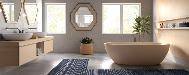 A serene modern bathroom with a sand-colored freestanding tub